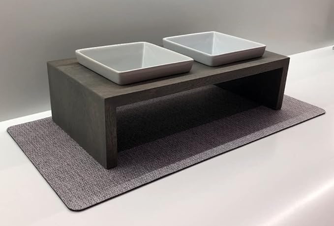 Bowsers Artisan Diner Double Dog Feeder - Handcrafted Rubberwood Frame with Square Ceramic Bowls Feeder for Dogs - Fossil, Medium, 22” x 10” x 6”