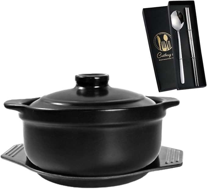 Korean Stone Bowl with Lid & Platter,Ceramic Pot Clay Pots for Cooking Hot Pots Rice Pot Dolsot Bibimbap and Soup Cookware 1200ml Includes Utensil Set