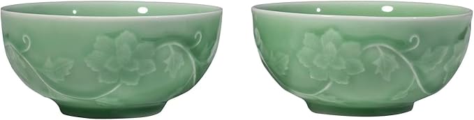5-Inch Celadon Rice Bowl, Set of 2 - Round Ceramic Bowls for Soup, Stews, Holiday Meals - Classic Holiday Tableware - Durable, Dishwasher, Microwave, Freezer Safe