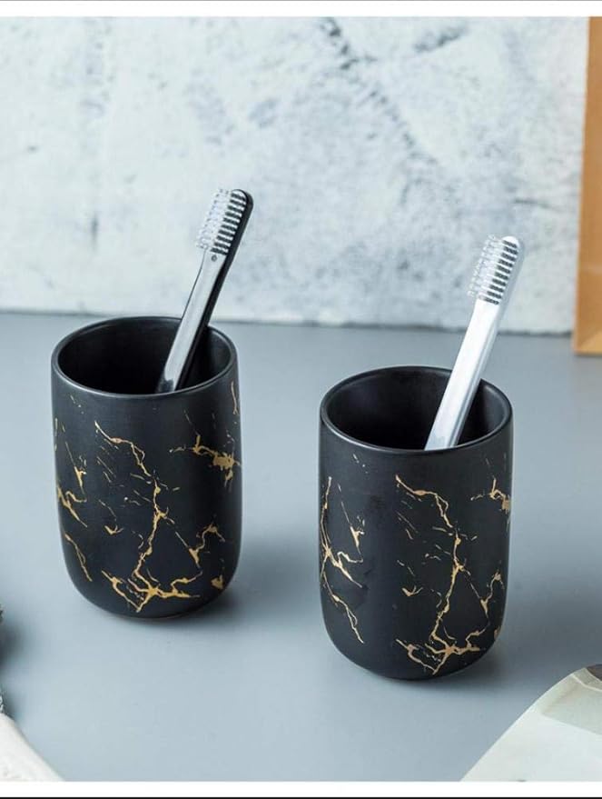 YYW Bathroom Accessory Set Ceramics Bathroom Set Accessories Complete Set Vanity Countertop Accessory Set Includes Soap Dish Lotion Dispenser Tumblers (Black（Four Piece）)