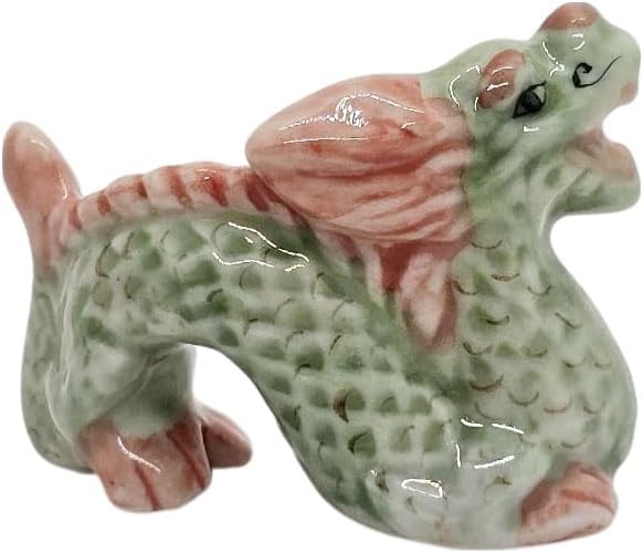 WitnyStore 1½" Green Red Chinese Asian Dragon Ceramic Figurine for Terrarium Decoration Collectible Statue for Adult Collectors Handcrafted Porcelain Ornament Sculpture Home Room Tabletop Decor