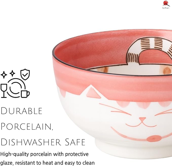 JapanBargain 2483, Japanese Porcelain Ramen and Soup Bowl Set, Maneki Neko Smiling Cat Pattern, 5-Inch, Pink, Made in Japan (Set of 4)
