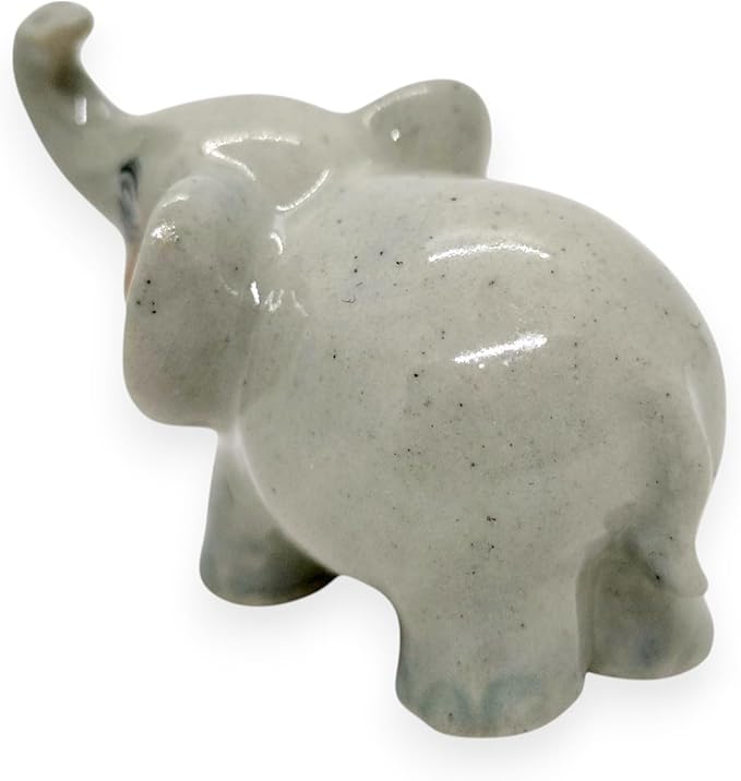 ChangThai Design Tiny 1½" Gray Baby Elephant Walk Trunk Up Figurine - Miniature Hand Made Painted Ceramic Asian Elephants Cute Wildlife Wild Animals Porcelain Decorative Collectible Figure Décor Gifts