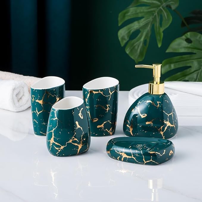 Green Bathroom Accessories Set,Gold Marble Look Bathroom Decor,Modern 6 Piece Bathroom Accessory Set,Complete with Soap Dispenser,Toothbrush Holder,Tumbler,Tray Countertop