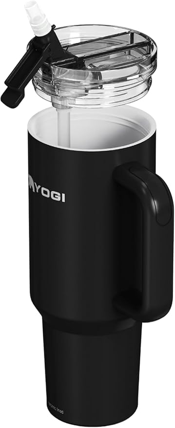 YOGI Ceramic Lined Metal Allergy Safe 30oz Tumbler with Handle and Straw Leakproof Flip & Sip Lid Vacuum Insulated Stainless Steel Travel Cup for Iced Coffee Water and All-Day Hydration 30oz Onyx