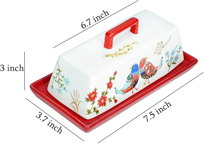 Sizikato Porcelain Butter Dish with Lid, Red Flower and Bird Pattern-7.5 Inch