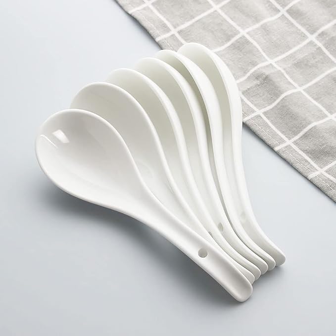YFWOOD 6.75 inch Ceramic Asian Soup Spoons - White Large Japanese Spoons for Ramen Pho Wonton Soup Dumpling Miso, Set of 6