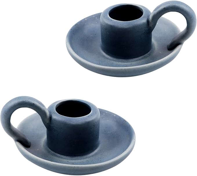 Set of 2 Ceramic Candle Holders，Taper Candle Holder with Handle Nordic Style Candle Burning Display Holder for Home Wedding Party Anniversary Housewarming Gifts （Blue）