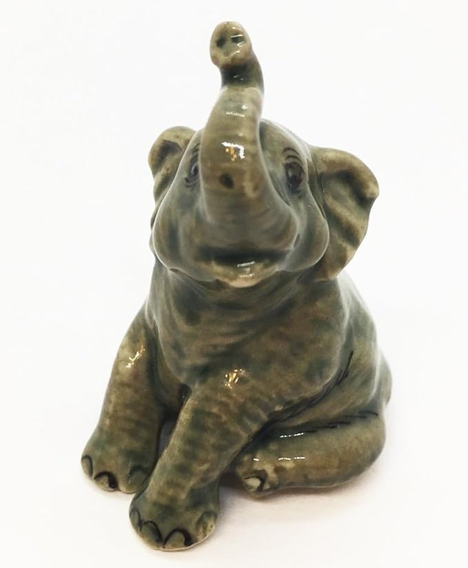 ChangThai Design Tiny 1⅜" Gray Baby Elephant Sitting Look Up Figurine - Miniature Hand Made Painted Ceramic Asian Elephants Cute Wildlife Animals Porcelain Decorative Collectible Figures Décor Gifts