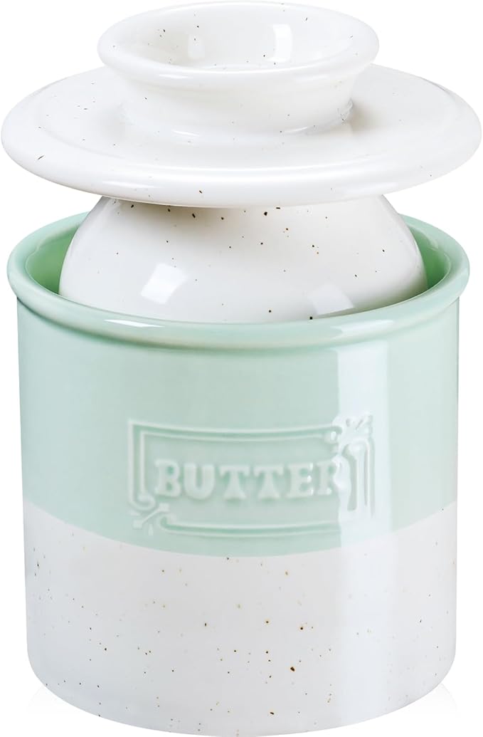 NUTRIUPS Ceramic Butter Crock, Butter Dish with Lid for Countertop with Water Line, French Retro Butter Crock for Spreadable Butter (Cyan Mist White)