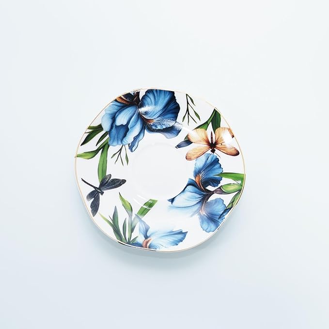 Bone China Tea Cup and Saucer Set with Spoon，Elegant Floral Tea Cup Set (7 oz)，British Coffee Latte Mug for Birthday Party Christmas gift for Friends