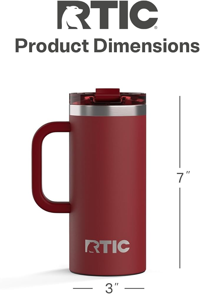RTIC 16oz Road Trip Travel Mug with Lid and Handle, Insulated, Stainless Steel, Metal, Double Wall Vacuum-Insulation, Ceramic Lined, Portable Coffee, Tea Cup for Hot and Cold Drink, Black Cherry