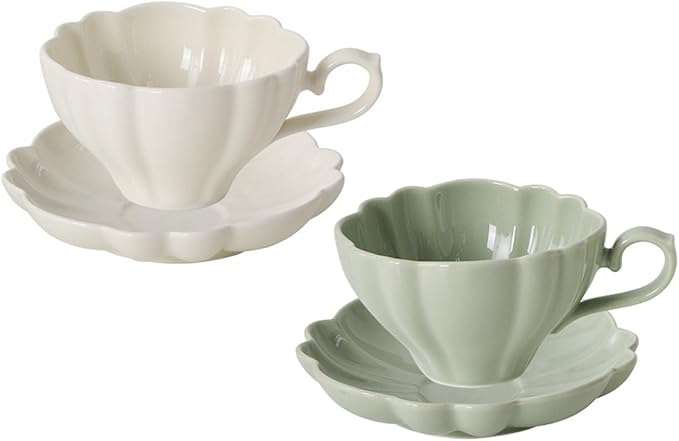 Flower Shaped Ceramic Coffee Cup Teacup with Saucer, Set of 2-White-Green