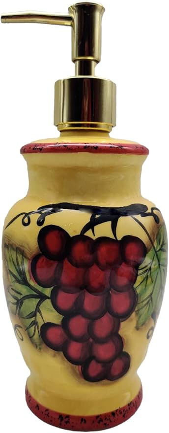 ACK Ceramic Tuscany Sonoma Grape Hand Painted Collection Refillable Soap Dispenser 8'H, Lotion Jar, Kitchen Décor, Bathroom Décor