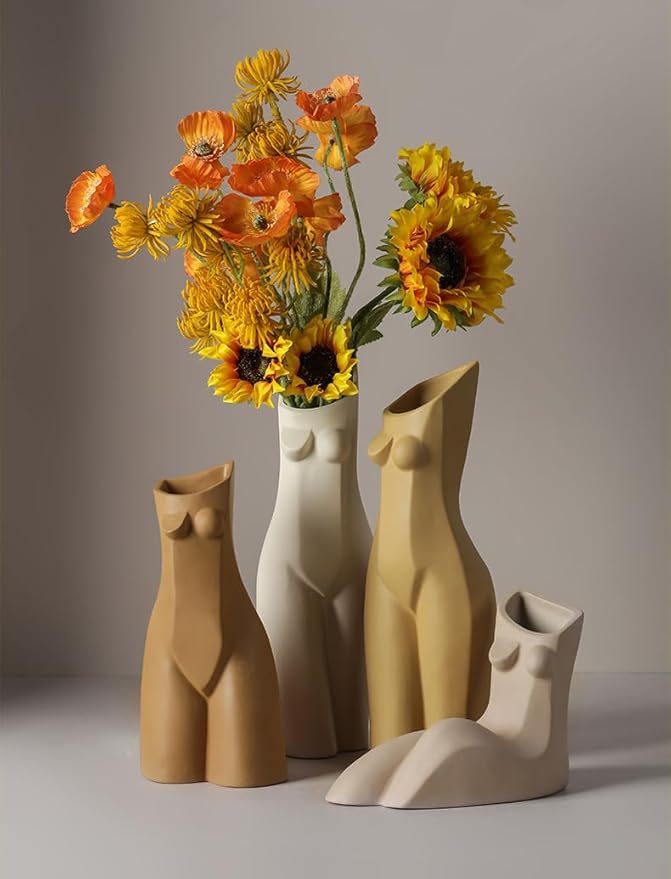 Modern Ceramic Decorative vase Human Body Shape Creative vase Jingdezhen Famous kiln Stucco Clay vase Suitable for Home Decoration Dining Table Living Room Shelf Decoration (Brown)