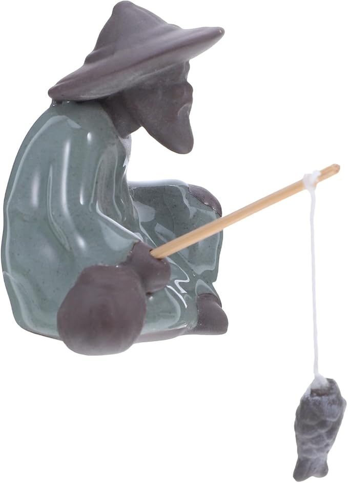 IMIKEYA Ceramic Asian Fisherman Figurine Miniature Landscape Figure Bonsai Tree Ornament Zen Garden Decor Tabletop Micro Bonsai Sculpture for Home and Patio