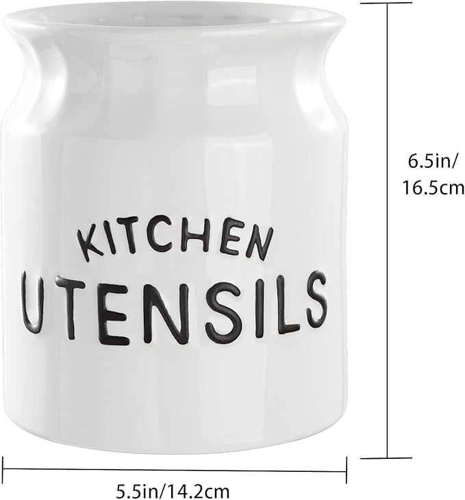 Utensil Holder, Ceramic Farmhouse Kitchen Utensil Holder for Kitchen Counter, 6.5" Large Cooking Utensil Crock for Countertop, White