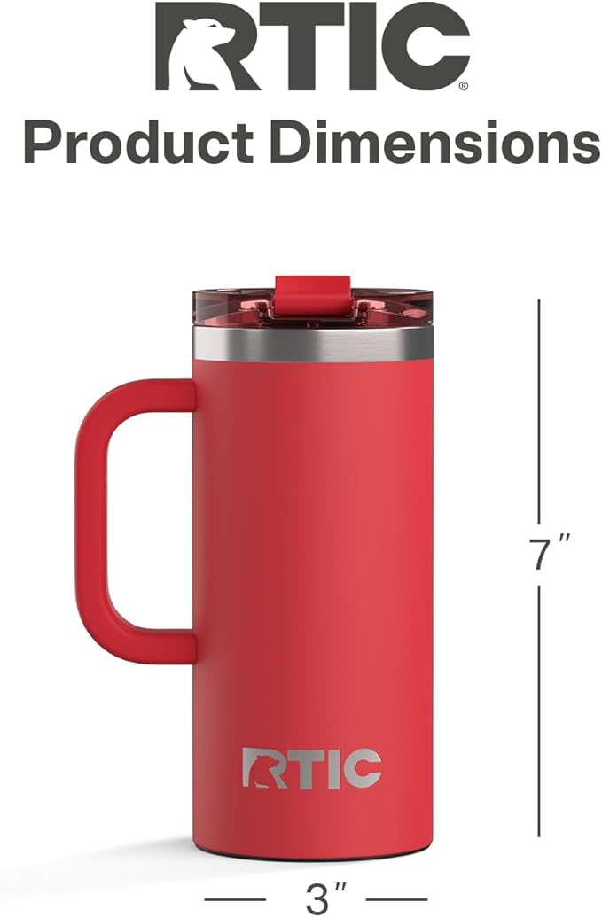 RTIC 16oz Road Trip Travel Mug with Lid and Handle, Ceramic Lined, Insulated, Stainless Steel, Metal, Double Wall Vacuum-Insulation, Portable Coffee, Tea Cup for Hot and Cold Drink, Flag Red