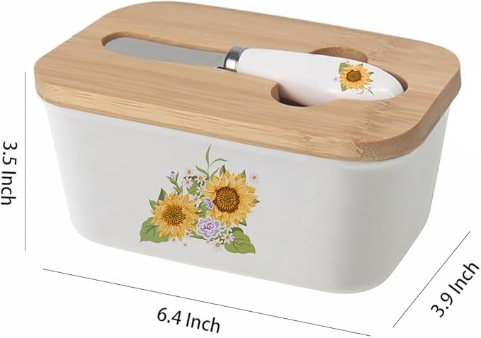 WAIT FLY Flower Ceramic Butter Dish with Bamboo Lid and Knife, 2 Sticks Butter Dish Butter Container Keeper for Kitchen Countertop, Home Decorative-Sunflower