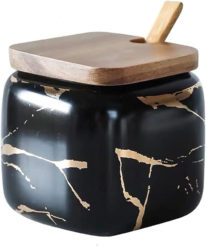 Ceramic Spice Jars Porcelain Condiment Jars Set Marble Ceramic Seasoning Box 3pcs Condiment Pots for salt, sugar, pepper Kitchen Ceramic Seasoning Condiment Jar Set Black