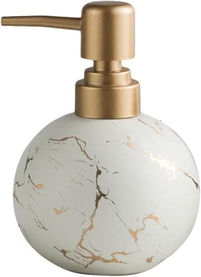 Gold Soap Dispenser for Bathroom or Kitchen, Cute Marble Round Ceramic Lotion Bottle, Rust-Free Pump(White)