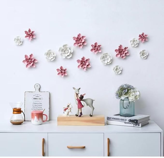 Rosa multiflora,3.54" Ceramic Flower Wall Art, Artificial 3D Flower Wall Art, Handmade 3D Wall Art Hanging Sculpture, Porcelain Flower Wall Decoration for Home Office Decor (White)