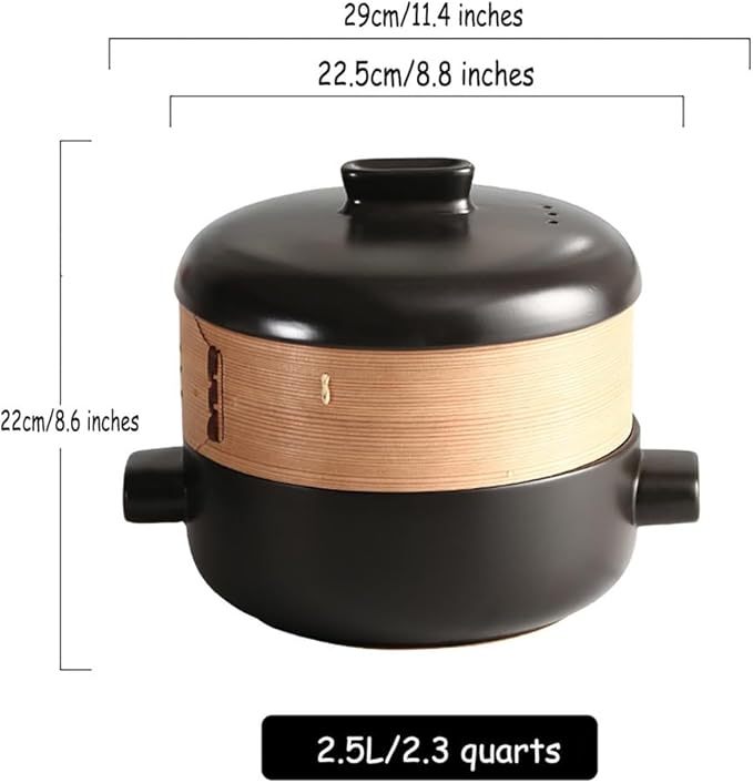 Steamer for Cooking Japanese Ceramic Hot Pot, Earthenware Clay Pot Casserole Steamer Cookware Stew Pot Stockpot with Lid & Steamer Basket for Healthy Cooking, Even Heating,Black,2.5L