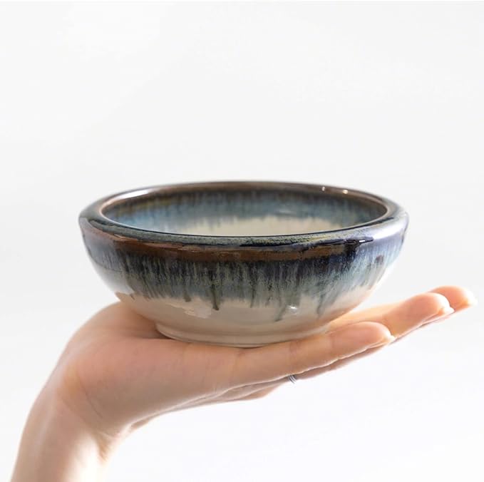 Wazakura Minoyaki Series Small Round Glazed Ikebana Flower Vase Made in Japan, Handpainted Floral Arrangement Pottery Supplies - White and Blue
