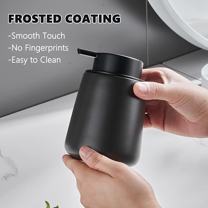 12Oz Black Foaming Soap Dispenser - Ceramic Foam Hand Soap Dispenser Set with Easy-to-Press Pump, Refillable Liquid Dish Soap Dispensers for Bathroom and Kitchen, 2 Pack