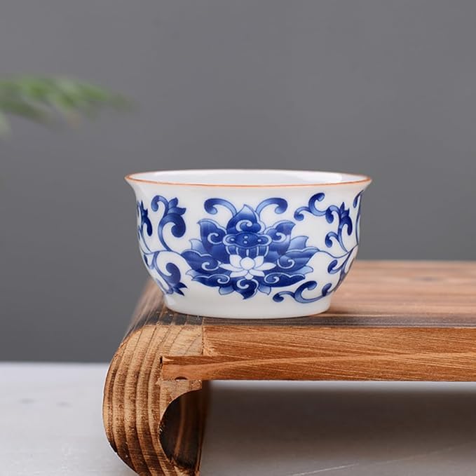 Chinese Handmade Kungfu Tea Cup 60 ml,Bone China Blue and White Tea Cups Set of 12,Ceramic Tea Mugs Without Handles,Best Gift（Lotus）