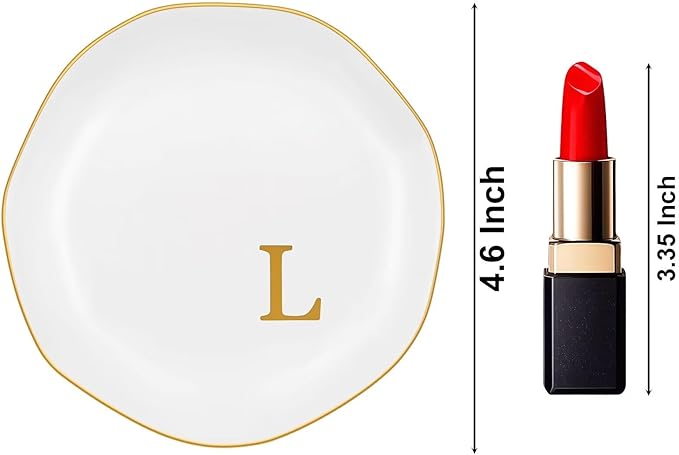 Ceramic Jewelry Tray, Personalized Initial Ring Dish, Elegant Trinket Tray for Rings Earrings Bracelet Necklaces, White Decorative Jewelry Holder for Women Vanity, 4.5 Inch, Letter L