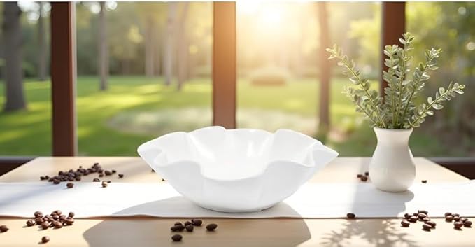 White Ceramic Wavy Edge Decorative Bowl - Modern Organic Sculptural Centerpiece for Coffee Table, Irregular Ripple Rim Display Bowl, Minimalist Home Decor Accent for Living Room Entryway 3.5H X 12D