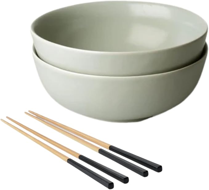 Fable Ramen Set - Includes 2 Ramen Bowls and 2 Pairs of Chopsticks - Durable, Dishwasher Safe Stoneware Ceramic Bowls and Bamboo Chopsticks- Beachgrass Green