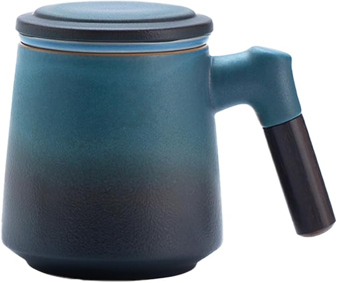 ZENS Tea Cup with Infuser and Lid for Loose Leaf Tea Steeper, 12oz Gradient Blue Tea Mug with Fine Strainers, Wood Handle Tea Mugs for Hot Diffusers Accessories for Tea Lovers Gifts
