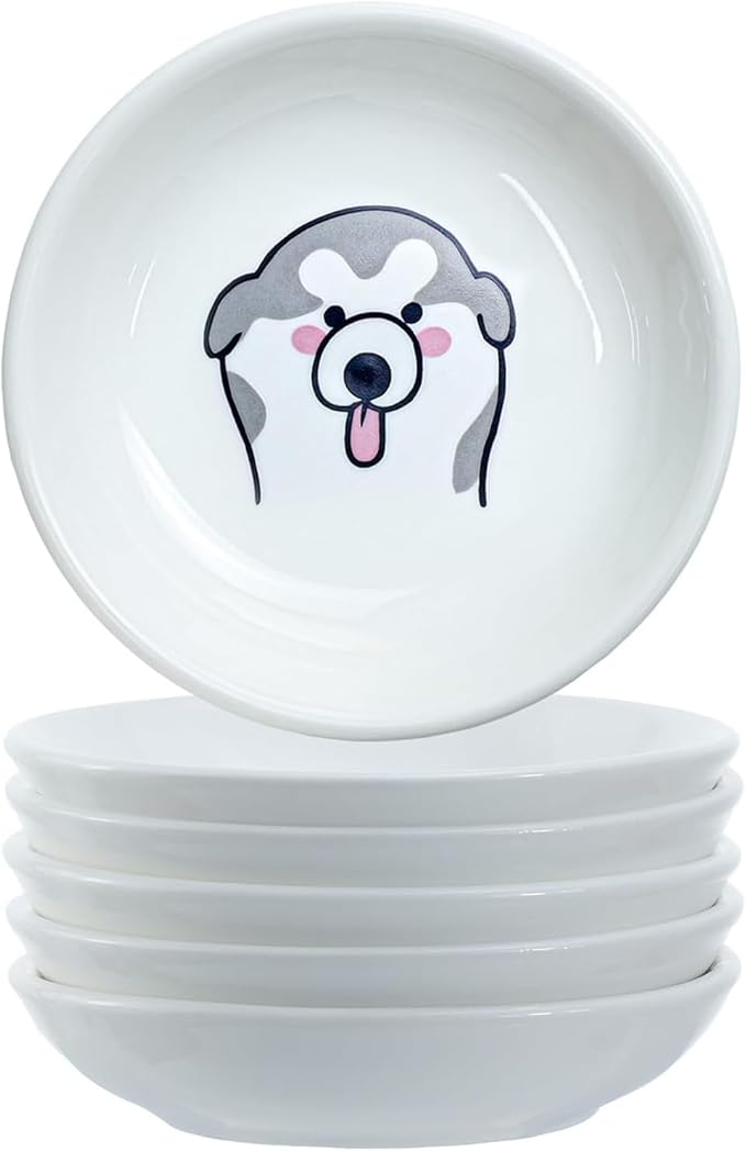 SOCOSY Super Cute Cartoon Animal Pattern Ceramic Sauce Dish/Seasoning Dish/Sushi Soy Dipping Bowl/Appetizer Plates/Serving Dish for Kitchen Home(Set of 6)-Dog Heads