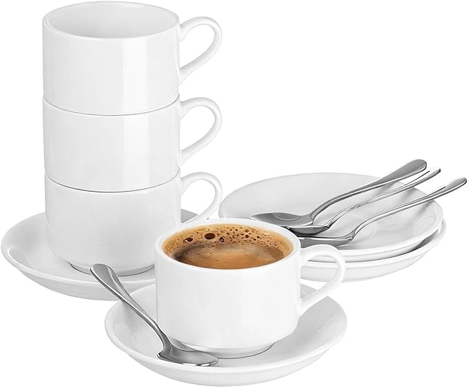 2.5oz Espresso Cups Set of 4, Demitasse cups and Saucers with Spoons for 4, Expresso Shot Cups for Espresso Machine-White