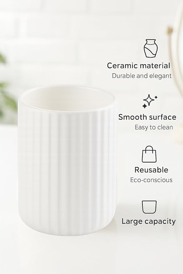 White Ceramic Toothbrush Holder Cup – 13.5oz Bathroom Tumbler with Vertical Stripe Texture, Toothbrush or Makeup Brush Holder