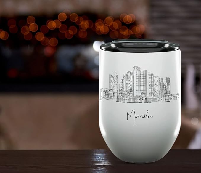 Manila Skyline Wine Tumbler, Asia Skyline 12oz Wine Tumbler, Custom Wine Tumblers Gift For Birthday, Spill Resistant Tumblers for Women, Personalized Wine Tumbler