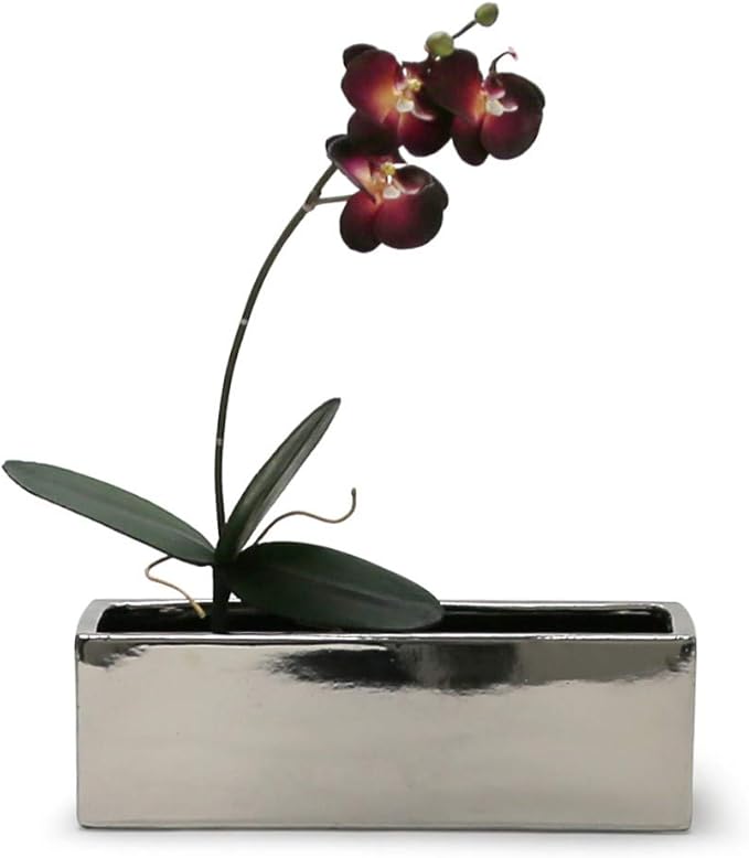WGVI Long Rectangle Ceramic Planter Vase in Silver 12" x 4" x 4"H, Block Rectangular Terrarium Box Pot, Flower Arrangement, Table top Centerpiece, Home Decor Organization Storage Container, 1 Pc.
