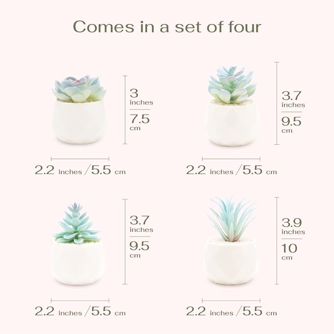 VIVERIE Mini Blue Artificial Succulent in Pots (White Ceramic, 4 Pot Set) Fake Plants for Indoors, Office Decor Blue Gift for Women, Office Home Decor Gifts, Faux Plant for Shelf/Desk/Bathroom Decor