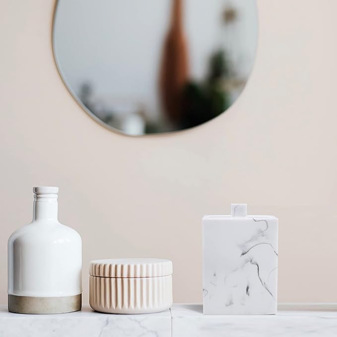 Jung Ford Qtip Holder for Bathroom with Lid – Square Cotton Swab Organizer, Cotton Ball Dispenser, Makeup Pad Container – Marble Look Resin Vanity Storage (White)