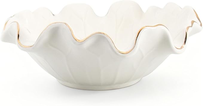 Handcrafted 8" White Ceramic Ruffle Bowl with Gold Trim – Modern Lotus Design, Small Shallow Decorative Bowl for Kitchen Counter & Key Holder for Entryway Table, Catch-All for Home Decor