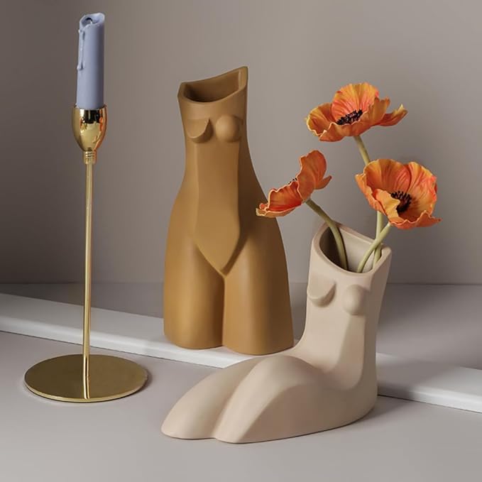 Modern Ceramic Decorative vase Human Body Shape Creative vase Jingdezhen Famous kiln Stucco Clay vase Suitable for Home Decoration Dining Table Living Room Shelf Decoration (Brown)