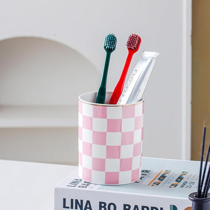 Ceramic Toothbrush Holder Toothpaste Holders, Cute Bathroom Tumbler Cups Reusable,Checkered Bathroom Counter Decor Organizer, Makeup Brush Holder,Pen Holder (Pink)