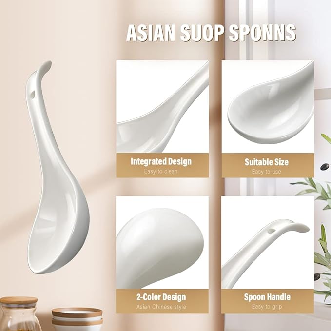 YFWOOD 6.75 inch Ceramic Asian Soup Spoons - White Large Japanese Spoons for Ramen Pho Wonton Soup Dumpling Miso, Set of 6