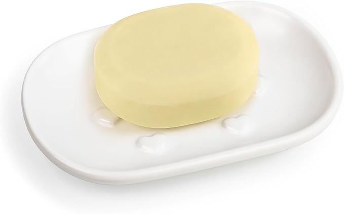 HILLSPRING Ceramic Soap Dish with Charming Heart Bumps, Drainage Design Keeps Soap Dry, Decorative Bar Soap Holder for Bathroom, Kitchen Sink, Vanity, Matte White, 5"x3.5"
