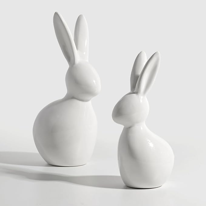 Easter Decorations: Elegant White Ceramic Bunny Figurines Set of 2, Cute Farmhouse Rustic Easter Rabbit Statue Different Size for Spring Easter Holiday Home Office Table Party Decor