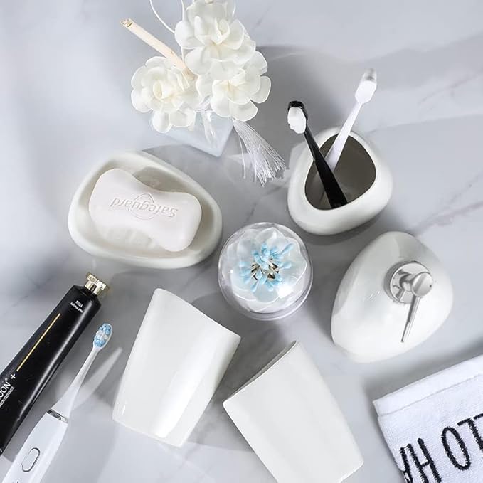 Ceramic Bathroom Accessory Set, 7 Pieces Countertop Accessories, Include Soap Dispenser, Toothbrush Holder, 2 Tumbler Cup, Soap Dish, Plastic Vanity Tray, Qtip Holder (White)