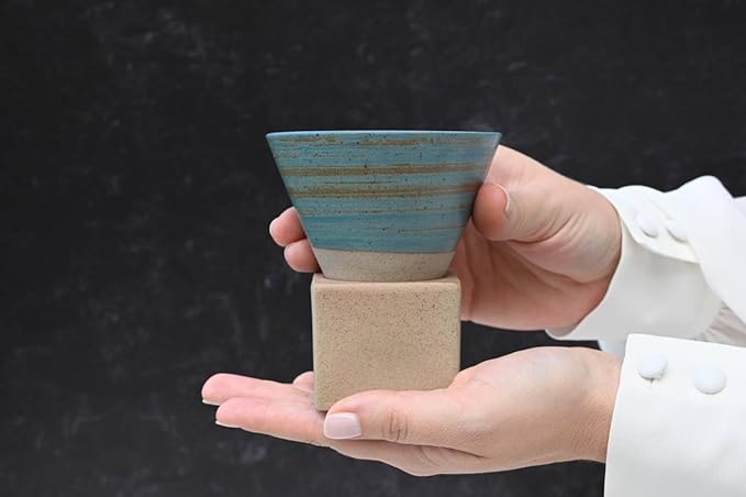 aprikalife Japanese Pottery Coffee Mug with Base 200ml - Ceramic Handmade Triangle Cone Funnel Shaped Retro Tea Cup - Dishwasher & Microwave Safe Coffee Cup for Tea, Cocoa, Espresso & Latte (Blue)