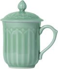 Porcelain Lotus Tea Cup with Lid and Handle, 12 oz Unique Coffee Mug, Microwave Dishwasher Safe, Gifts for Women and Men, Aesthetic Chinese Celadon 1 Pack (Olive Green)